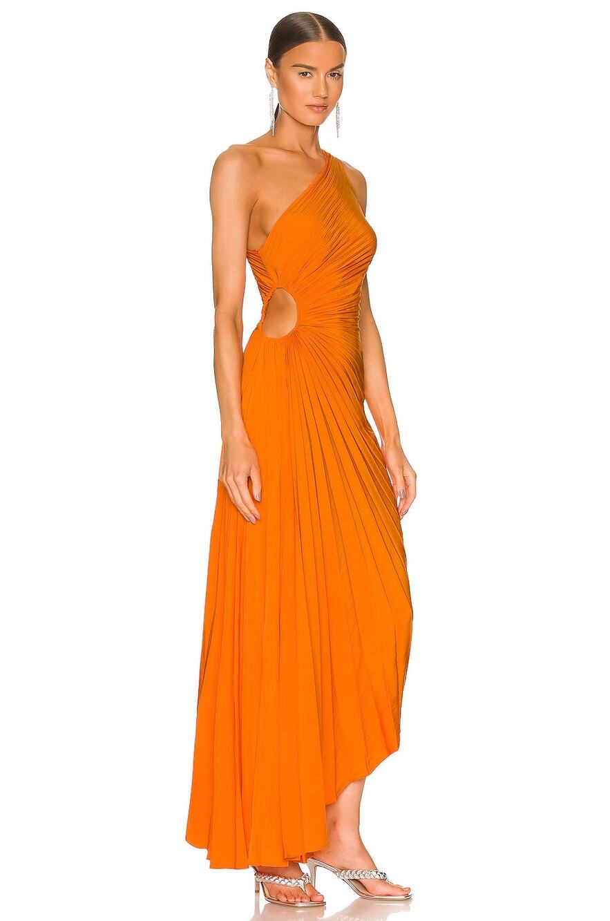 $695 ALC Delfina Maxi Dress Orange One Shoulder Cutout Pleated Asymmetrical Sz 0
